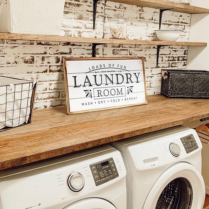 Large Laundry Sign for Laundry Decor, Loads of Fun Laundry Room Wooden Sign, 24 x 12 Inches Wood Framed Farmhouse Laundry Room Wall Decor