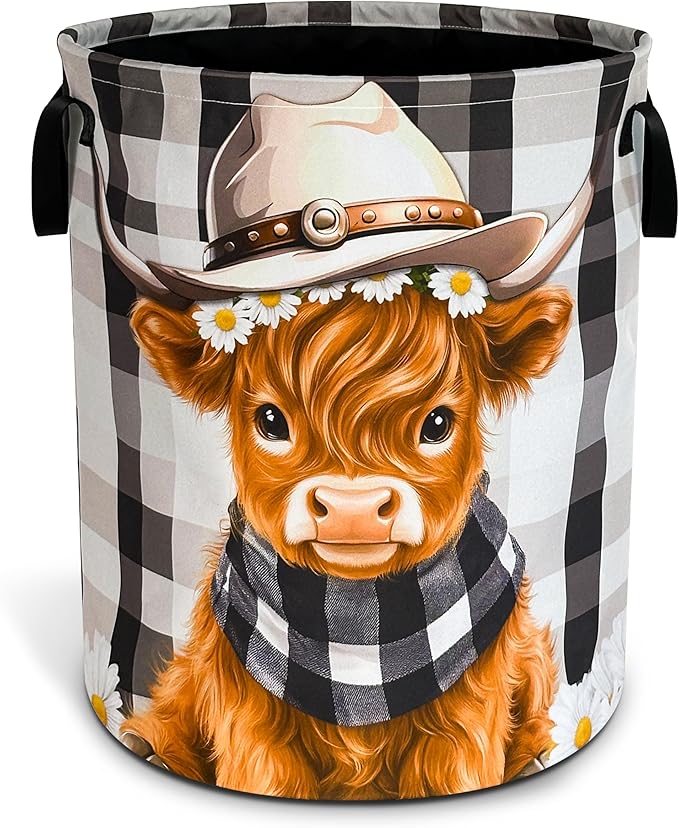 Cute Highland Cow Laundry Basket Oxford Cloth Calf Laundry Hamper With Handle Foldable Portable Clothes Storage Basket 18.9 X 16.5 In Storage Bag For Laundry Room/Bathroom/Bedroom/Dormitories