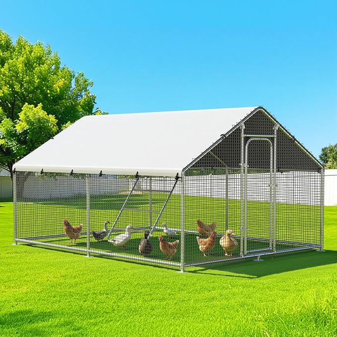 Large Metal Chicken Coop Run with Roosting Perch, Outdoor Poultry Cage with Heavy Duty Wire Mesh and UV-Resistant Cover for Chickens Use, Spire Roof (8.9'W x11.8'L x 6.6'H)