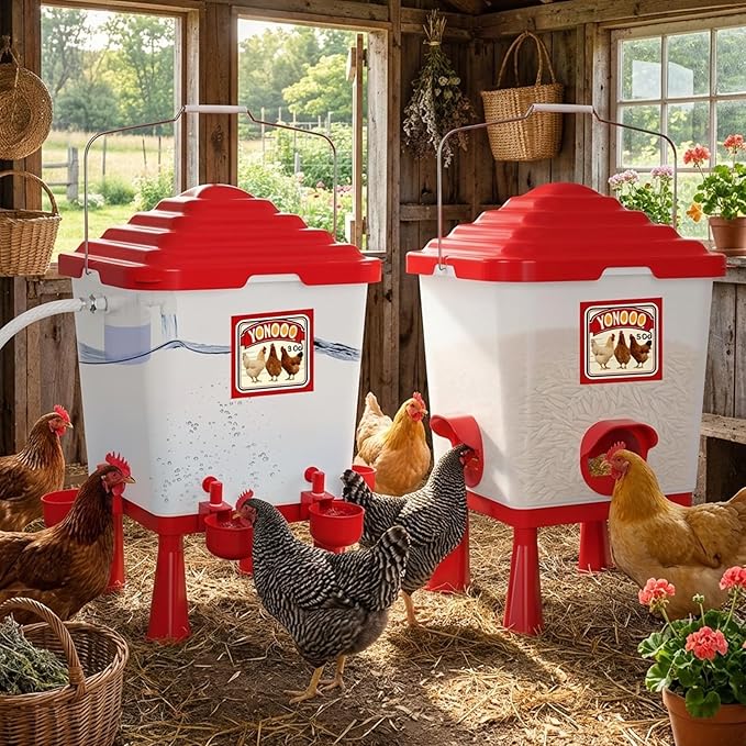 5 Gallon/26 Pounds Automatic Chicken Feeder and Waterer Set, Chicken Waterer with Automatic Float Valve, No Waste, Rain Proof Poultry Feeder, Chick Coop Accessories, for Chicken, Duck, Turkey