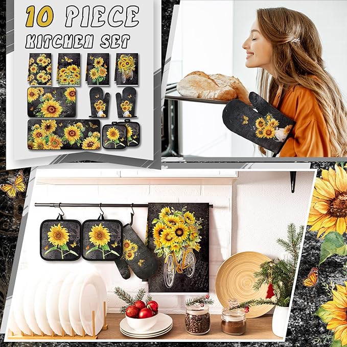 10 Pcs Vintage Sunflower Kitchen Dish Towels Rugs Oven Mitts and Pot Holders Set Farmhouse Kitchen Decor Set for Women Mom Daughter Gift Cooking Baking Grilling(Vintage Gray)
