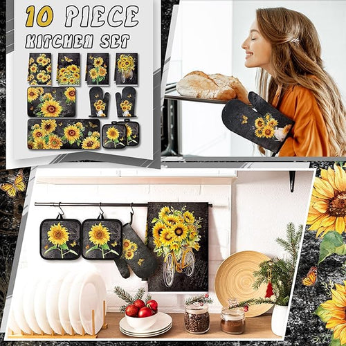 10 Pcs Vintage Sunflower Kitchen Dish Towels Rugs Oven Mitts and Pot Holders Set Farmhouse Kitchen Decor Set for Women Mom Daughter Gift Cooking Baking Grilling(Vintage Gray)