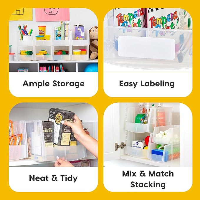 IRIS USA Clear Plastic Stackable Storage Bins, Medium- 4 Pack, Open Front Fridge Pantry Kitchen Closet Cabinet Bathroom Organizer Basket for Organizing Snack, Cans, Office Supplies, and Coffee Pods
