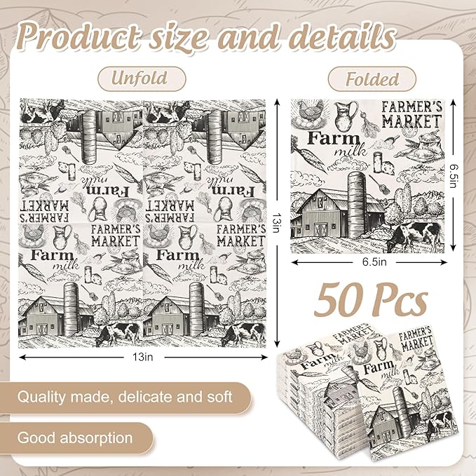 50Pcs Milk Farm Paper Napkins Cow House Disposable Luncheon Napkins Vintage Dinner Hand Napkin for Farmhouse Home Party Supplies Table Decor