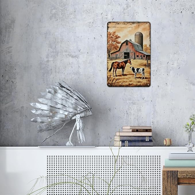 Country Farm Scene tin sign Vintage Horse Cow Barn Metal Sign Print Aesthetic for Garden Yard Bar Porch Home Bedroom Kitchen Wall Decor Decor Gift 8 x 12 inch