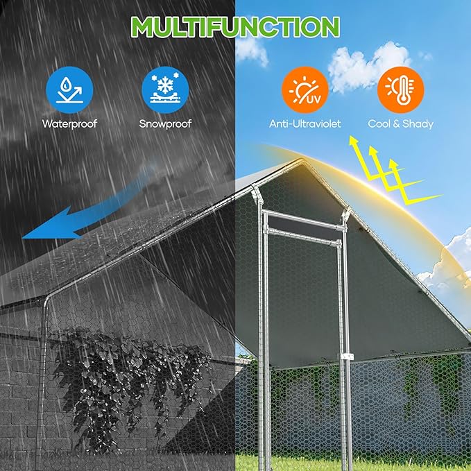 Large Metal Chicken Coop,10x20 FT Walk in Chicken Runs with Cover for 30 Chickens,Hen House Enclosure with Security Lock, Outdoor Duck Rabbit Cage Poultry Pens for Backyard,Farm,Yard