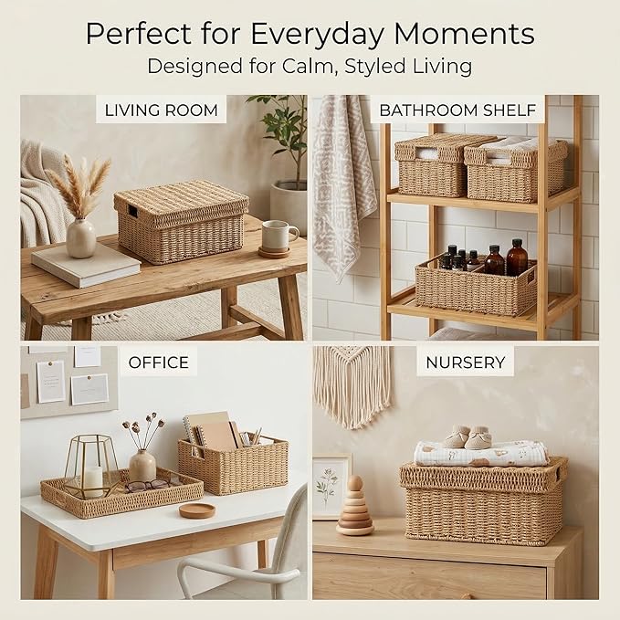 Wicker Storage Basket with Lid - Woven Storage Basket for Organizing,Rectangular Decorative Boxes Bins with Lids for Shelves, living room, Nursery, 2-Piece Set(Natural)