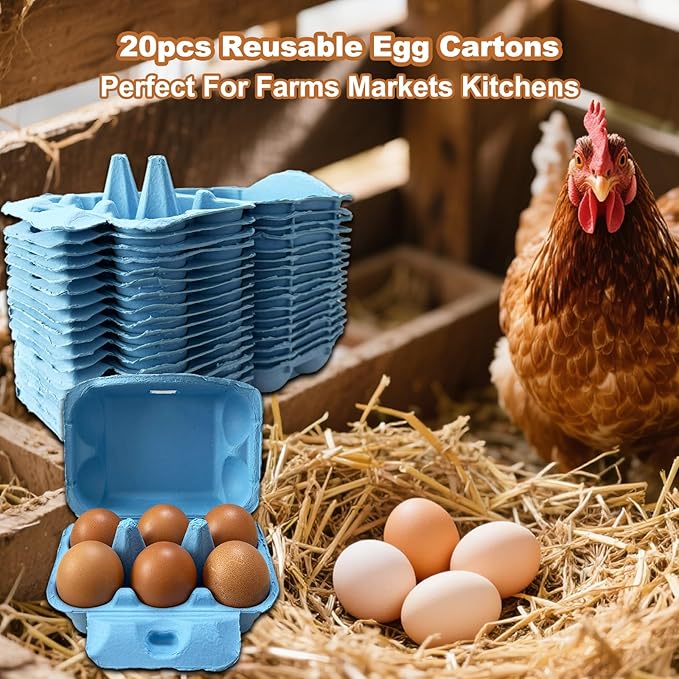 Half Dozen Paper Pulp Egg Cartons Cheap Bulk Fresh Chicken Eggs Basket Holder Storage Container Reusable for Easter (Blue, 20)