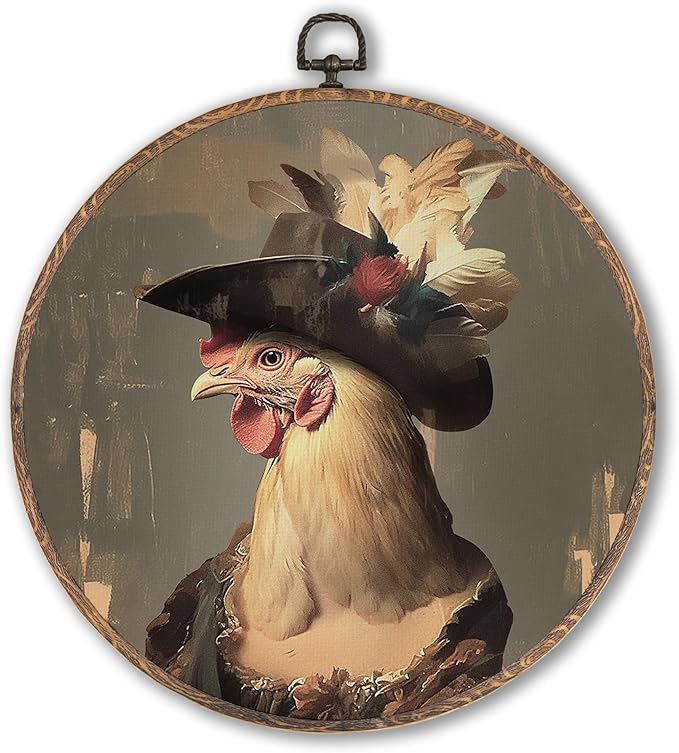 Hxlac Whimsical Chicken Round Wall Art Framed, Dark Moody Rooster Round Wall Decor, Rustic Farm Animal Chicken Hanging Canvas Prints Wall Sculptures for Kitchen Bedroom Living Room Decor, 10x10 Inch