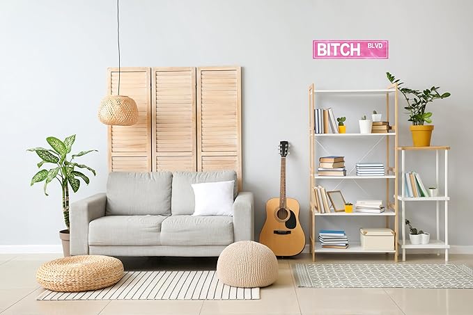 Retro Girl Pink Tin Metal Sign Bitch Blvd Bold Statement Wall Decor for Home Vintage Bar or Dorm Unique Gift Idea for Friends 4x16 in