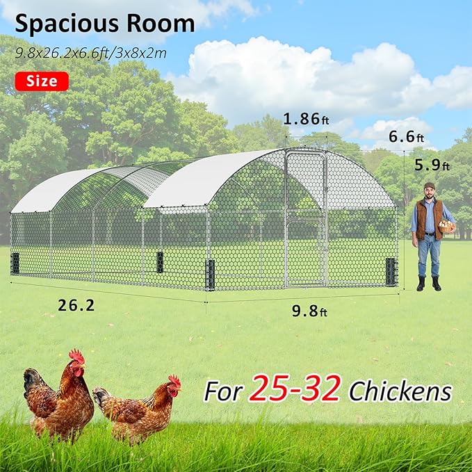 Large Metal Chicken Coop, Walk-in Chicken Run with Feeding Door, Security Lock and Cover, Outdoor Duck/Rabbit Cage Poultry Pen for Backyard, Farm, Yard (Silver - Dome Roof, 26.2 x 9.8 x 6.6 FT)