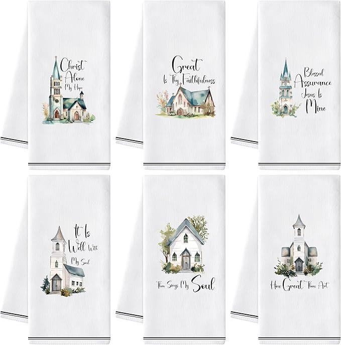 GROBRO7 Church Hymn Hand Towels - 6Pcs Christian Religious Kitchen Dishcloths Set Soft Polyester Towel Bathroom Home Dining Table Decorative Tea Party Favors Housewarming Gift for Hostess Men Women