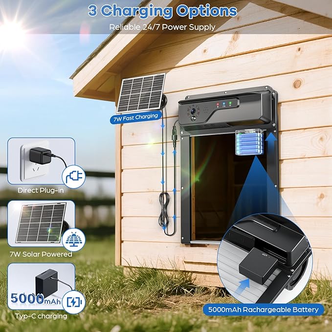 WiFi Automatic Chicken Coop Door with Camera, APP Remote Control, Smart Solar Powered Auto Chicken Door Opener with Timer, Night Vision, Anti-Pinch Safety, Smart Alerts, Space-Saving Roll-Up Design