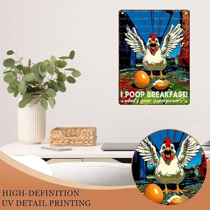 Funny Chicken Decorations for Kitchen Chicken Tin Sign Chicken Gifts 12X16InchI Poop Breakfast Whats Your Superpower 12X16Inch