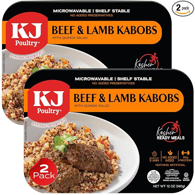 KJ Poultry Kosher Ready Meals - Beef Lamb Kabob & Quinoa, MRE Meat Meals Ready to Eat (2 Pack) Prepared Entree Fully Cooked, Shelf Stable Microwave Dinner Travel, Military, Camping, Emergency Survival