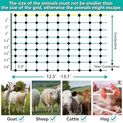 Electric Fence Netting - 35.4" H x 164' L, Portable Movable Livestock Nets Mesh for Goats, Sheep, Hogs, Dog, All-Purpose Electric Fencing for Backyards, Homesteaders, Farms Ranches, and Gardens
