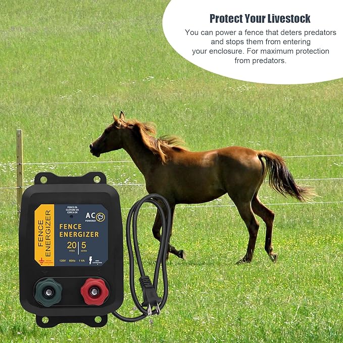 Electric Fence Energizer 5 Miles/ 20 Acres AC Powered 120 Volt, Plug-in Electric Fence Charger Output 0.2 Joule for Preventing Raccoons, Livestock, Squirrels, Chicken Coops, Skunks intruding
