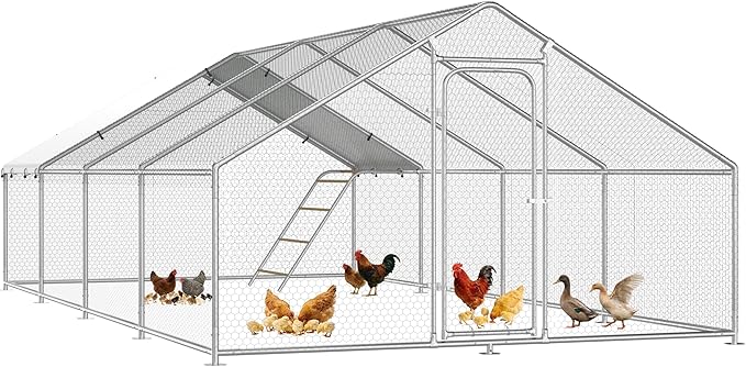 Large Metal Chicken Coop Run with Roosting Perch– Outdoor Waterproof & UV-Resistant Cover for Chickens, Ducks, Rabbits, and Hens in Yard or Farm Use Spire Roof(13.1'Wx26.2'Lx 6.5'H)