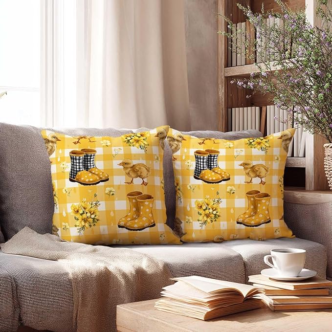 Duck Yellow Gingham Throw Pillow Covers 18x18 Inch, Set of 2 | Spring Farmhouse Square Cushion Cases for Couch Bedroom Nursery | Easter Farm Animal Home Decor, Decorative Pillowcases
