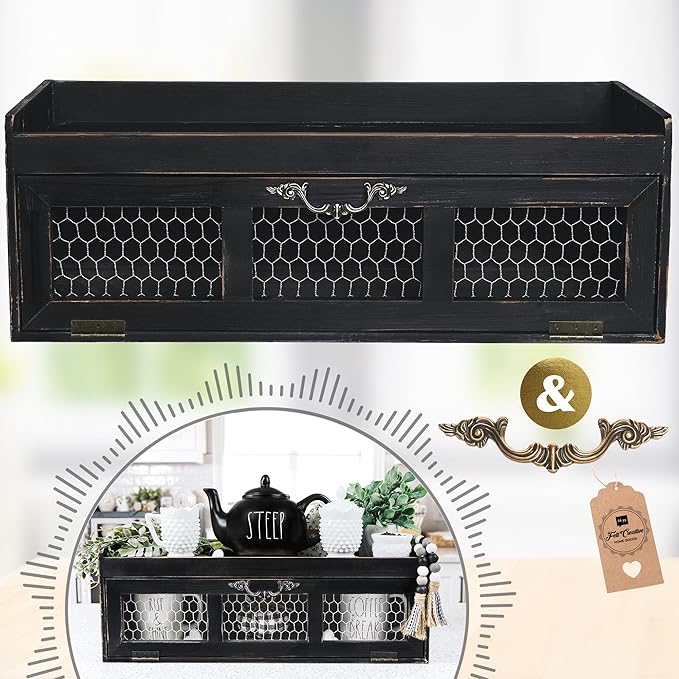 Felt Creative Home Goods Farmhouse Chicken Wire Countertop Shelving Organizer, Decorative Kitchen Pantry Storage Cabinet, Rustic Counter Storage Display, Country Kitchen Island Decor (Black)