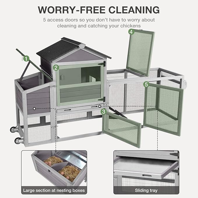 Mobile Chicken Coop Large Hen House Poultry Cage with Wheels, Weatherproof Asphalt Roof, Sectionable Nesting Box, Leakproof Pull-Out Tray for 4-6 Chickens, 82.4" L x 25.8" W x 44.1" H (Grey)