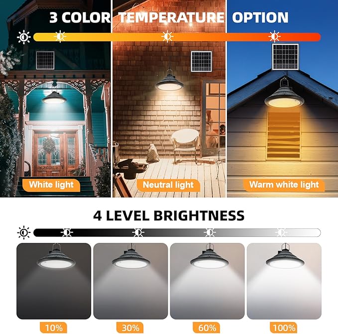 Solar Chicken Coop Light with Remote, Outdoor IP66 Waterproof Pendant Lights, 4500mAh Rechargeable Solar Barn Lights, 3 Modes, 4 Brightness Levels, 24H Timer, 16.4ft Cable for Patio Garden, 2-Pack