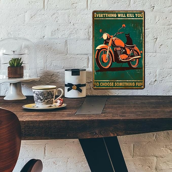 PEACHGARDEN Black Cat Metal Tin Sign Everything Will Kill You Choose Something Fun Retro Tin Signs Funny Motorcycle Sign for bar Coffee Shop Kitchen Home Wall Decoration Tin Sign 12x8inch