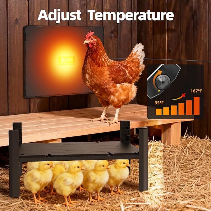 PETNF Brooder Plate for Chicks, Chick Heat Plate 11.8”×15.8” 140W, Adjustable 95–167°F Safe Warm Panel for 10–20 Chicks, Energy-Efficient Brooder Heater with 3-Way Height Stand for Chicken Coops