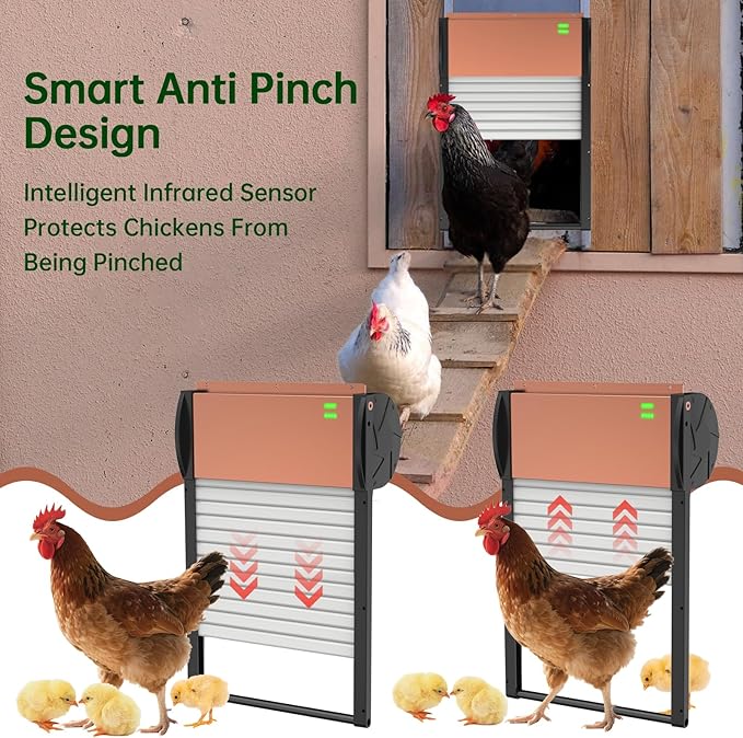 Automatic Chicken Coop Door Solar & Battery Powered with APP Control, Programmable Timer & Light Sensor, 5 Modes Aluminum Chicken Door with Remote Control, Anti-Pinch Protection, Weather Proof
