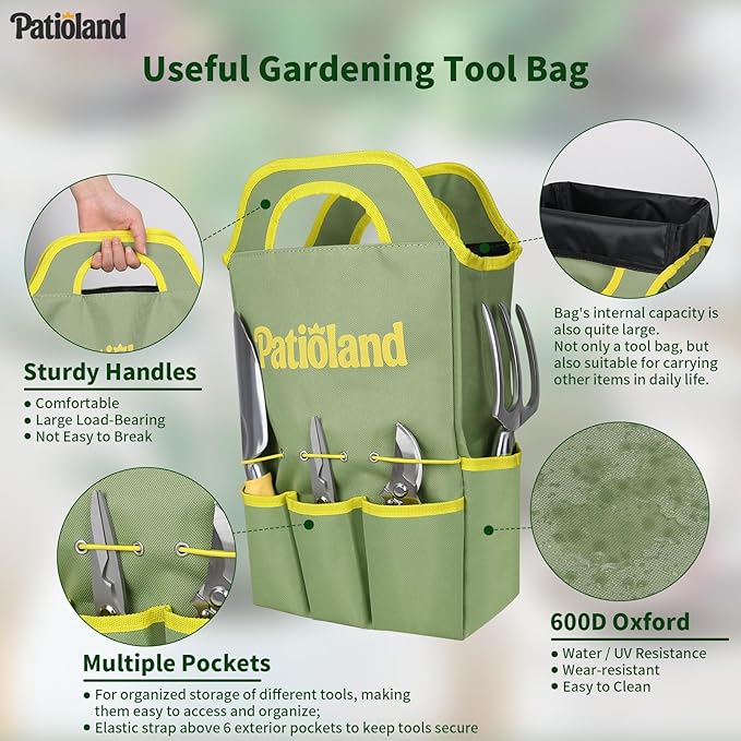10-Piece Garden Tool Set, Green Gardening Hand Tools Kit with Non-Slip Handles, Heavy Duty Rust-Proof Aluminum Tools, Organizer Tote Bag & Gardening Gloves, Ideal Gardening Gifts for Men and Women