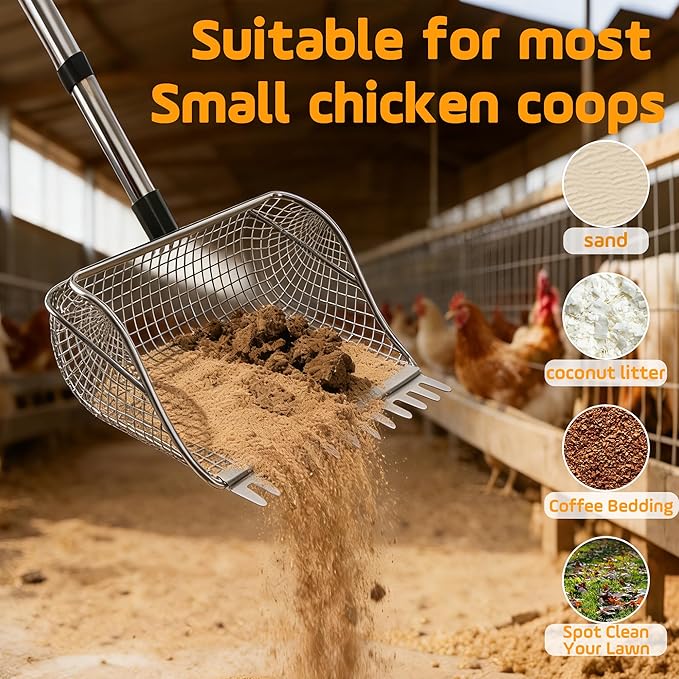 Chicken Poop Scooper for Chicken Coop, Stainless Steel Durable Manure Shovel with Infinitely Adjustable Length Handle, Poultry Cleaning Tool (1-Pack)