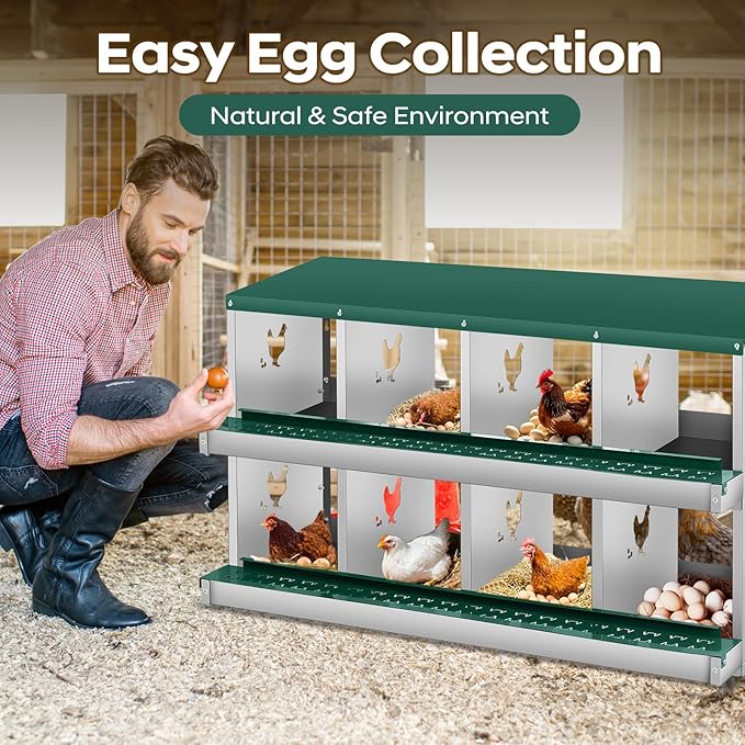 Garvee 8 Compartment Chicken Nesting Box, 2 Layer Wall Mount/Free Standing Poultry Nest for Chickens, Hens, Ducks, Metal Chicken Laying Boxes with Perch, Secure Lid, Vented Holes, Green