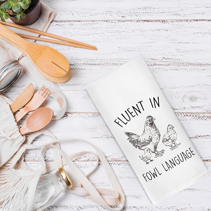 Funny Kitchen Dish Towels 16x24 Inch - Crazy Chicken Gifts for Chicken Lover Mom - Fluent in Fowl Language Decorative Hand & Tea Towels for Farmhouse Home