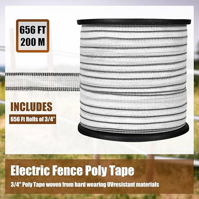 656 Ft/ 200 M Electric Fence Tape for Livestock with High Visibility Polytape Fencing Hot Wire Horse Electric Fence Kit with 4 x 0.18 mm Stainless Steel Conductors (3/4 Inch)