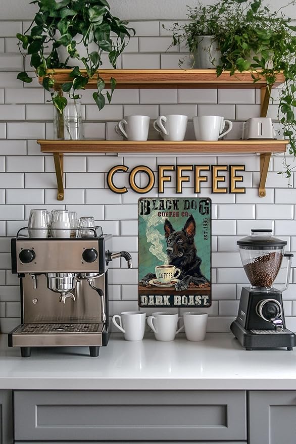 Vintage Black German Shepherd Dog Metal Sign Black German Shepherd Dog Coffee Novelty Metal Poster Home Cafe Kitchen & Bar Bathroom Aluminium Sign Art Wall Decor 16x12 Inch