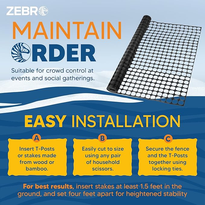 ZEBRO 4' x 50' Black Plastic Garden Fence Roll – Standard Duty Safety Netting for Snow, Poultry, Deer, Dogs – Reusable Outdoor Barrier for Yard, Landscaping, Animal Protection