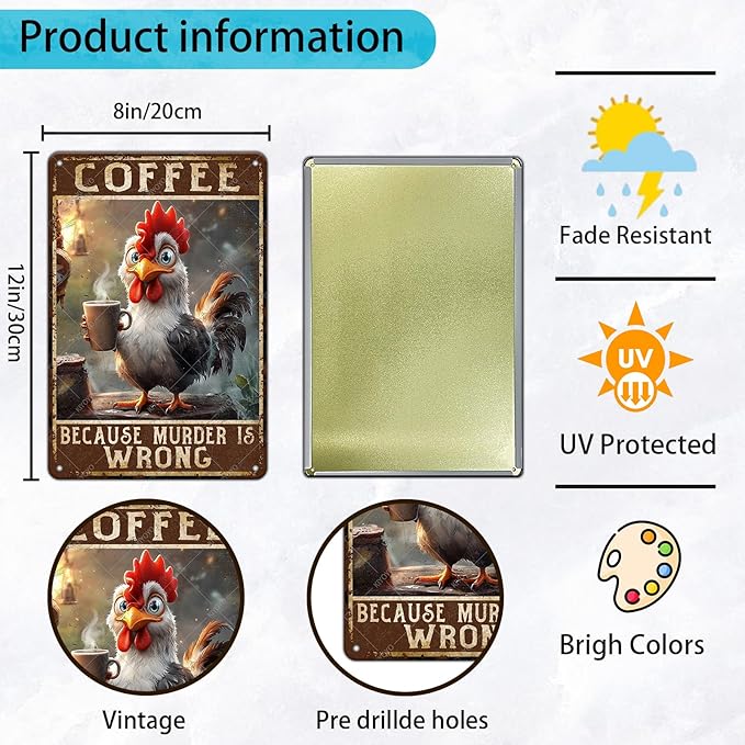 Chicken Coffee Because Murder Is Wrong Vintage Metal Tin Sign Rustic Farmhouse Wall Decor for Kitchen Cafe Barn Country Home Retro Iron Art Plaque 12x8 Inch