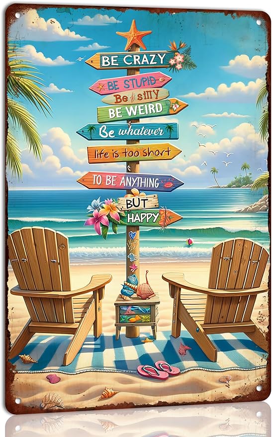 Generic Beach Surfing Vintage Signs Life Is Too Short to Be Anything but Happy Metal Tin Sign for Cafe Home Bar Beach Farmhouse Porch Art Wall Decoration 8x12 Inch