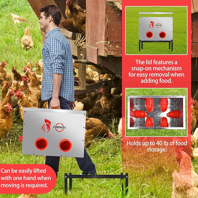 40 LB Automatic Chicken Feeder, Large Capacity Galvanized Steel Metal Feeder with 6 Adjustable Feeding Ports, No Waste Design Anti-Spill and Rodent Proof, All Weatherproof Outdoor Coop Feeders