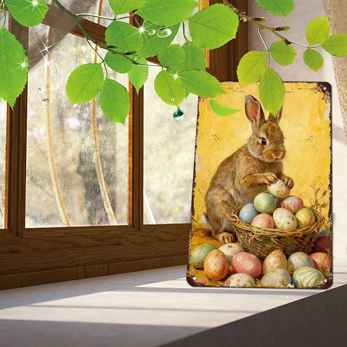 YoyaVex Easter Bunny Metal Sign Vintage Farmhouse Decorative Eggs Rustic Wall Art For Home Cafe Restaurant Garage Patio Garden Decor 8X12Inch