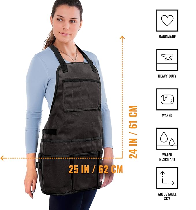Under NY Sky Tool Apron - 20 Pockets and Slots, Cross-Back, Heavy-Duty Waxed Canvas - Woodwork, Garden, Shop (Grey Cross-Back)