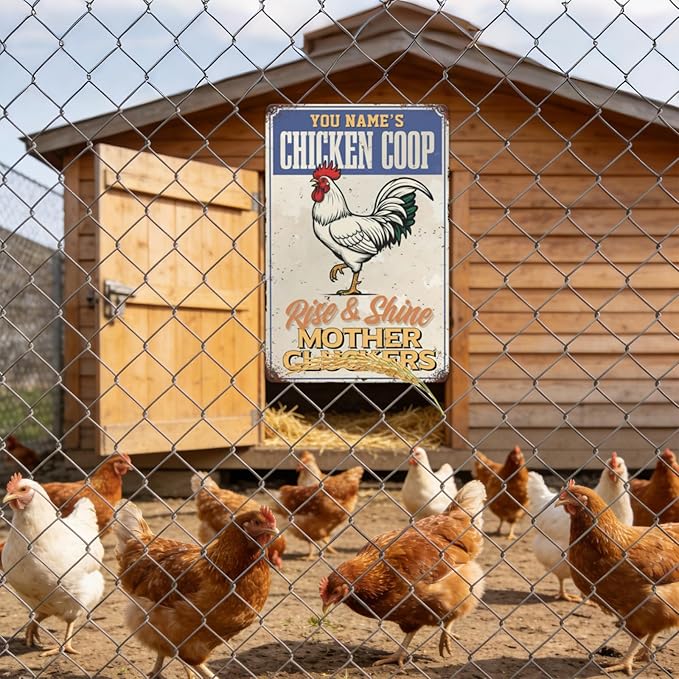 Personalized Chicken Coop Sign Custom Name Rise And Shine White Rooster Metal Tin Wall Art Rustic Farmhouse Decor Backyard Barn Garden Gift For Poultry Lovers
