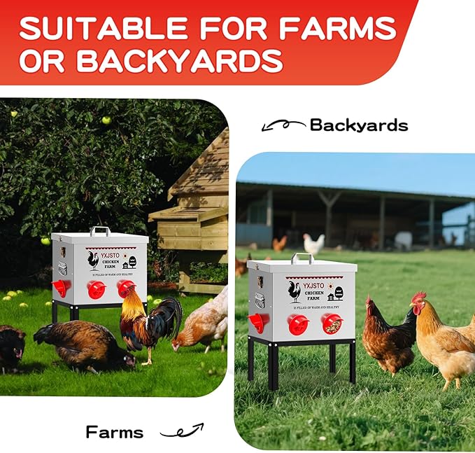 40LB Automatic Chicken Feeder with 6 Ports, Heavy Duty Metal No-Waste Poultry Feeder, Rustproof & Weatherproof Chicken Feeder with Adjustable Legs & Locking Lid