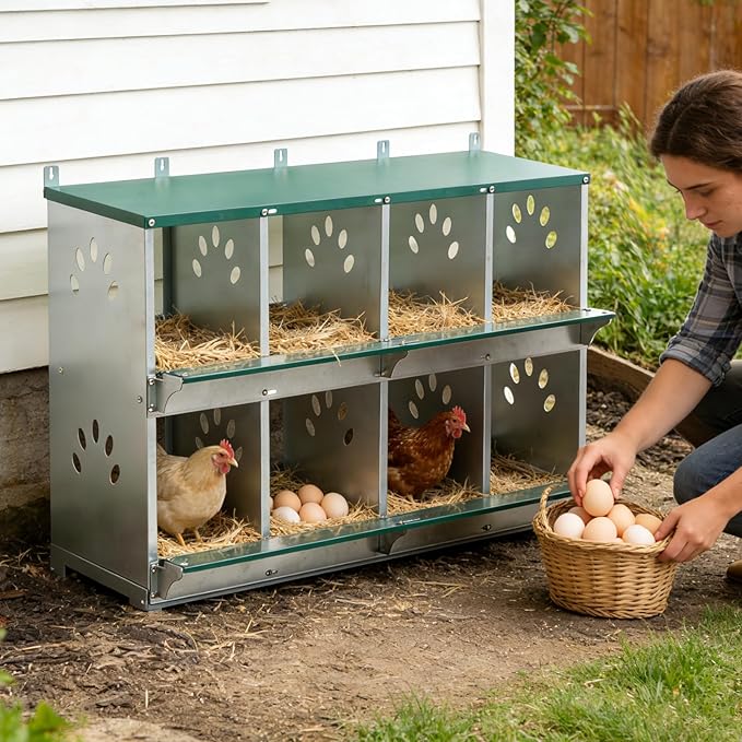 8 Compartment Metal Chicken Nesting Box, Roll Out Hen Laying Box for Easy Egg Collection, Wall Mount Poultry Nest Box for Backyard Chickens, Green, 42.72" L x 16.34" W x 26.38" H