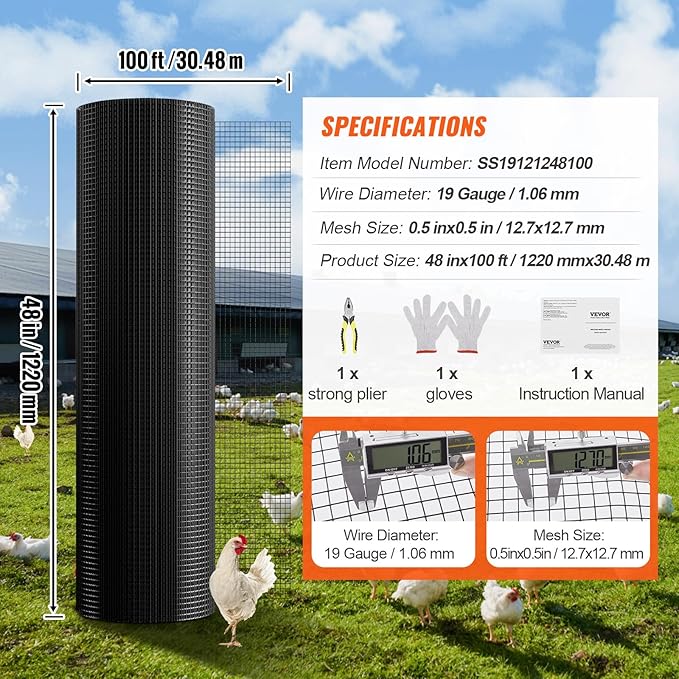 VEVOR Hardware Cloth, 48'' x 100' 1/2inch Galvanized Wire Mesh Roll, 19 Gauge Chicken Wire Fencing Roll, Vinyl Coating Metal Wire Mesh for Chicken Coop Barrier, Rabbit Snake Fences, Poultry Enclosures