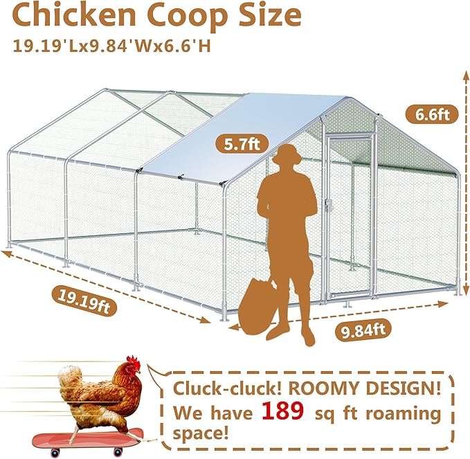 Large Metal Chicken Coop 19.2x9.84x6.6ft Chicken Runs for Yard with Cover, Walk-in Chicken Coops for 20 Chickens, Heavy Duty Chicken Run Lockable Chicken Pen Outdoor Poultry Cage