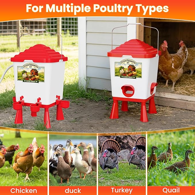 Automatic Chicken Feeder and Waterer Set, Chicken Coop Accessories - 5 Gallon Poultry Nipple Waterer with Stand, Easy Top Fill Chick Feeder (Red)
