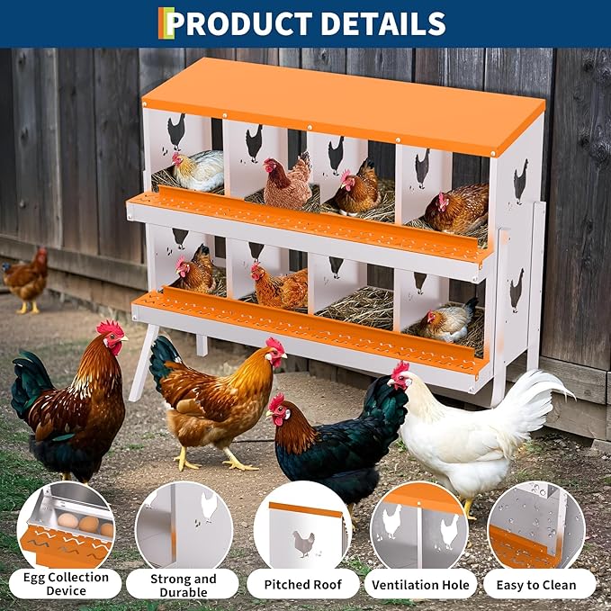 8 Compartment Chicken Nesting Box, Wall Mount Hen Laying Boxes with Legs & Removable Trays, 8-Hole Galvanized Steel Metal Hanging Poultry Nest for Backyard, Farms, and Chicken Coop, Egg Collection