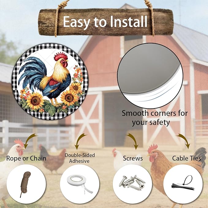 Round Metal Tin Sign Rustic Wall Decor Plaque Rooster Chicken Farm Animal Wreath Sign,Suitable for Home Garden Kitchen Bar Cafe Restaurant Garage Wall Decor Retro Vintage 12 Inch