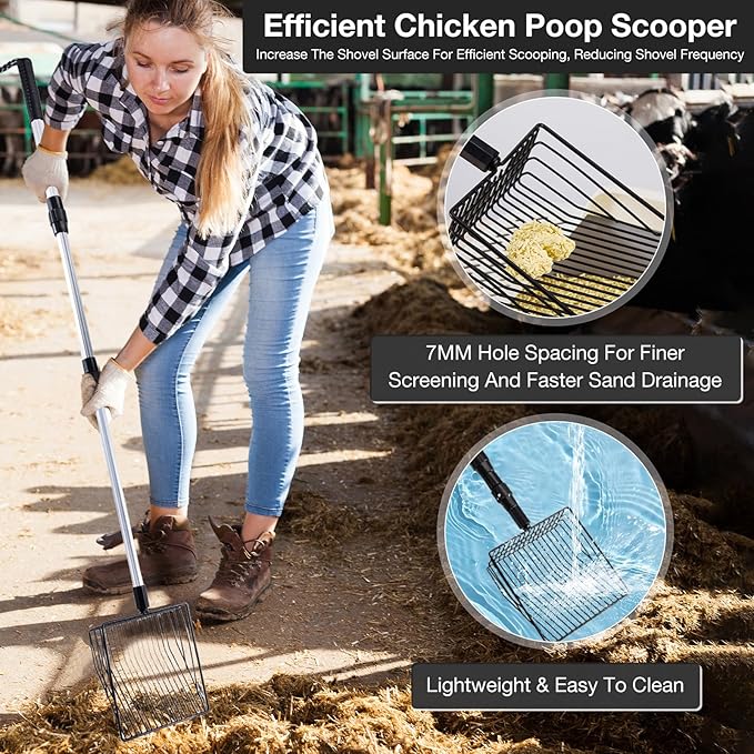 2 Pack Chicken Poop Scooper, 3 in 1 Stretchable Chicken Coop Accessories (22.4 to 41.9 Inch), Metal Sifting Shovel for Chicken Coop Cleaning Tools Separating Poo and Debris from Sand